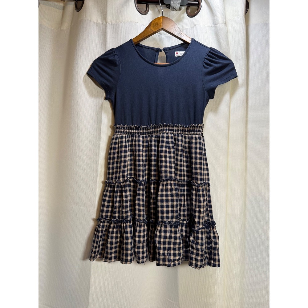 Poppies and Roses Girls Navy Gingham Tiered Mixed Media Dress Size M A02317267